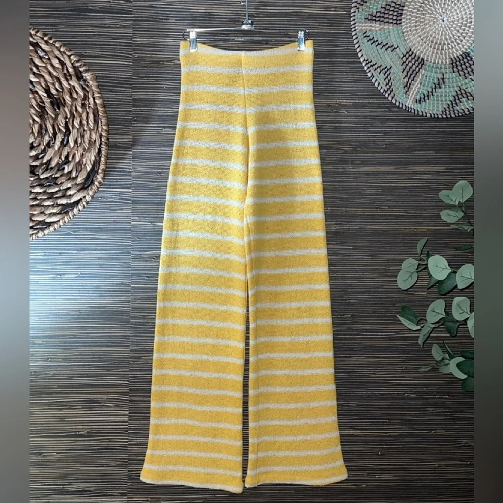 Zara | Knit Pant High Waisted Flare Leg Yellow Striped Elastic Waistband Small - Picture 2 of 12